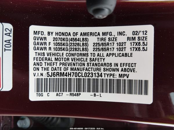 2012 HONDA CR-V EX-L — I9