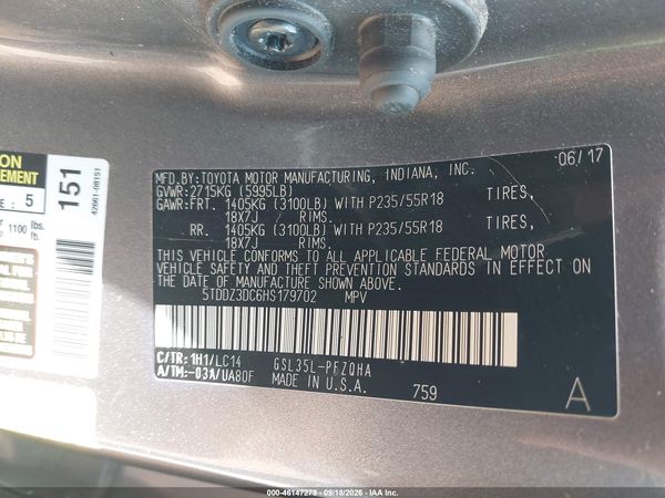 2017 TOYOTA SIENNA XLE 7 PASSENGER — I9