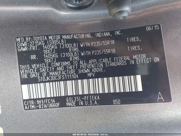 2015 TOYOTA SIENNA LE 7 PASSENGER — I9