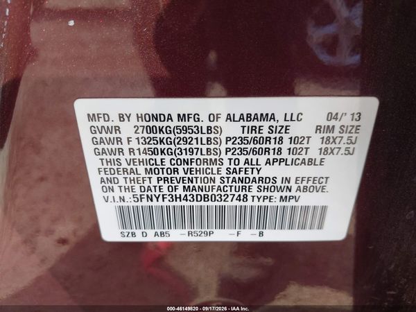 2013 HONDA PILOT EX — I9