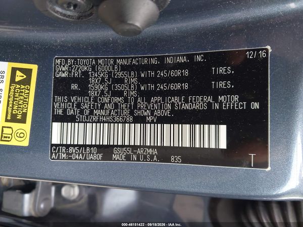 2017 TOYOTA HIGHLANDER XLE — I9