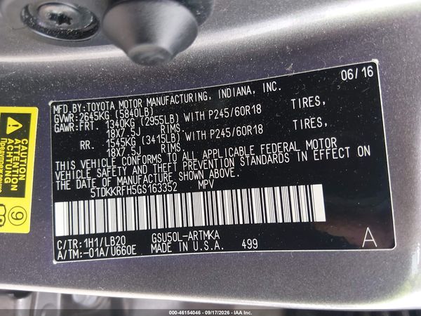 2016 TOYOTA HIGHLANDER XLE V6 — I9
