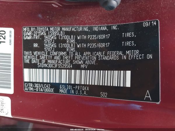 2015 TOYOTA SIENNA XLE 8 PASSENGER — I9