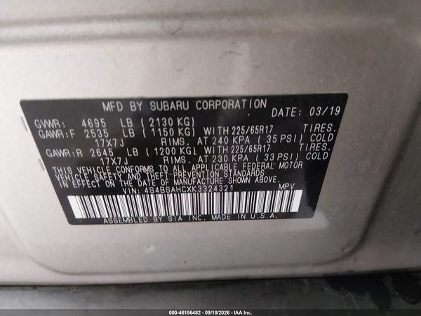 2019 SUBARU OUTBACK 2.5I PREMIUM — I9