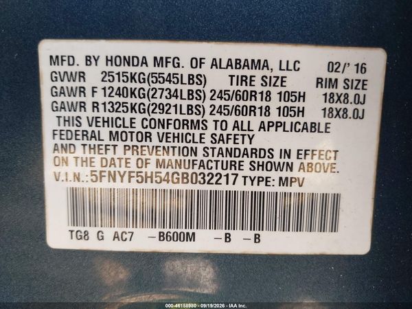 2016 HONDA PILOT EX-L — I9
