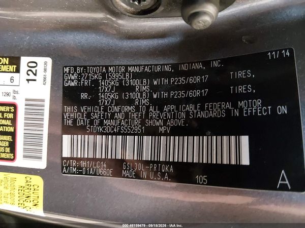 2015 TOYOTA SIENNA XLE 8 PASSENGER — I9