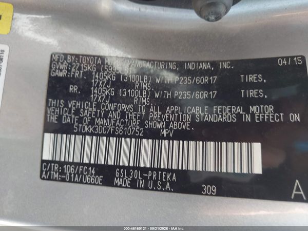 2015 TOYOTA SIENNA LE 8 PASSENGER — I9