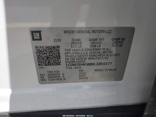 2019 CHEVROLET TRAVERSE 3LT — I9