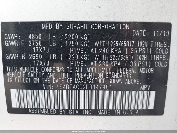 2020 SUBARU OUTBACK PREMIUM — I9