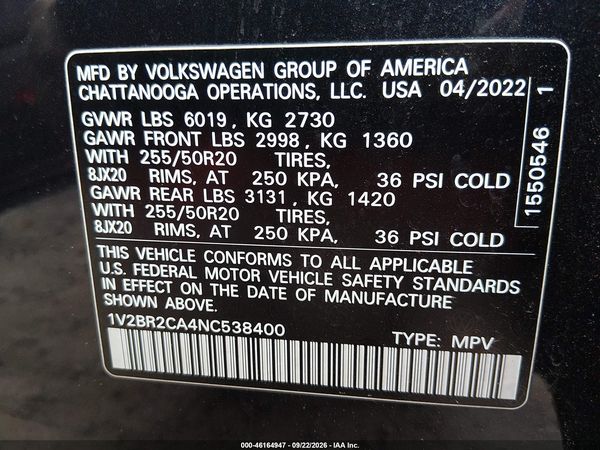 2022 VOLKSWAGEN ATLAS 3.6L V6 SEL — I9