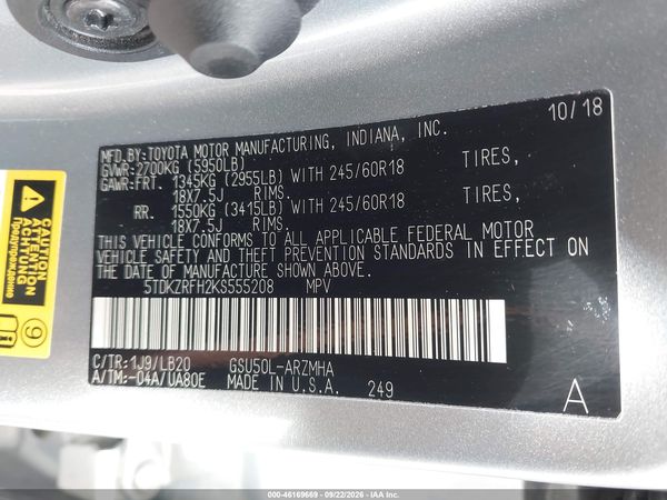 2019 TOYOTA HIGHLANDER XLE — I9