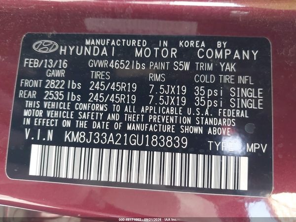 2016 HYUNDAI TUCSON LIMITED/SPORT AND ECO/SE — I9