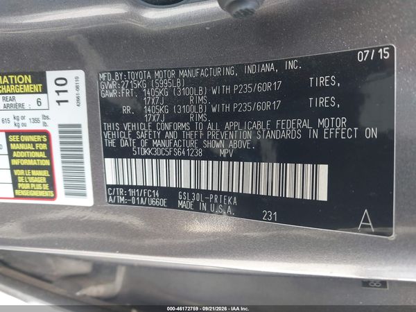 2015 TOYOTA SIENNA LE 8 PASSENGER — I9