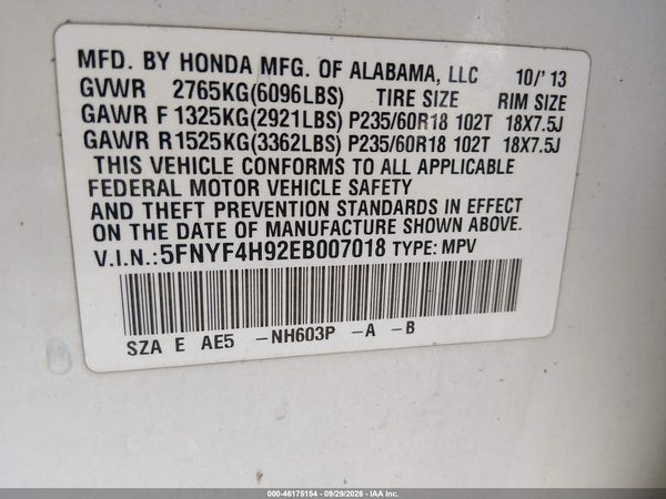 2014 HONDA PILOT TOURING — I9