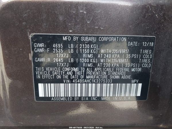 2019 SUBARU OUTBACK 2.5I PREMIUM — I9