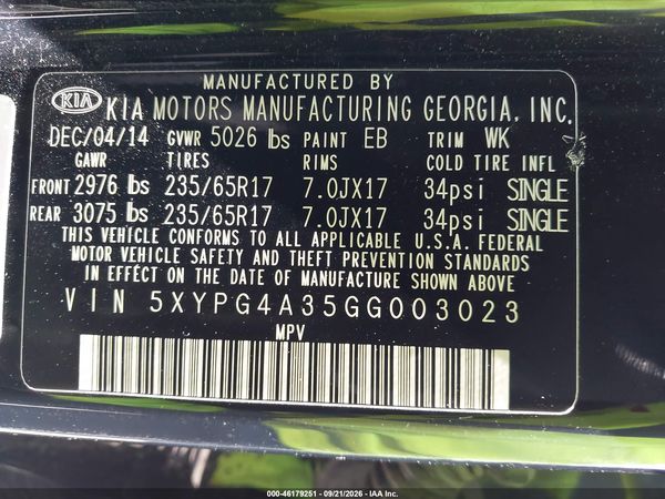 2016 KIA SORENTO 2.4L L — I9