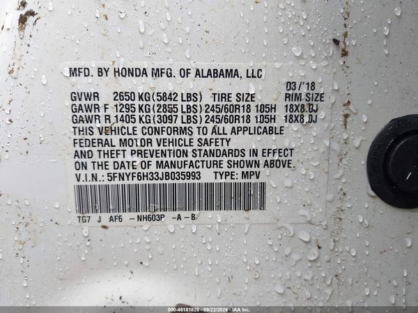 2018 HONDA PILOT EX — I9