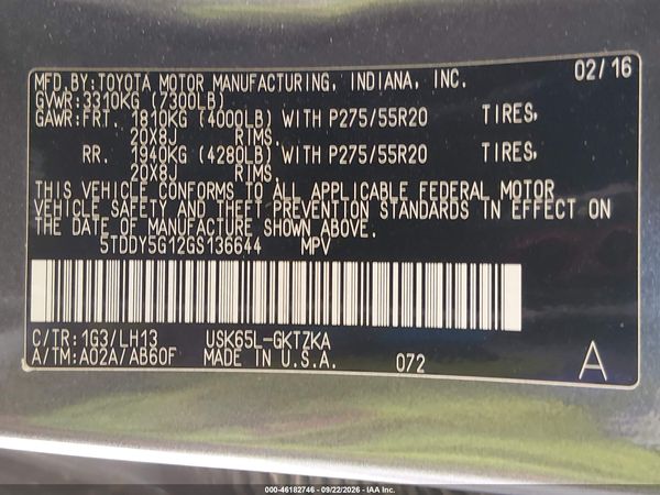 2016 TOYOTA SEQUOIA PLATINUM 5.7L V8 — I9