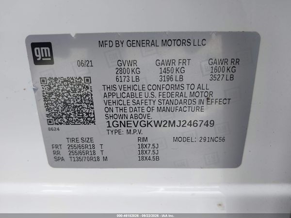2021 CHEVROLET TRAVERSE AWD LT CLOTH — I9