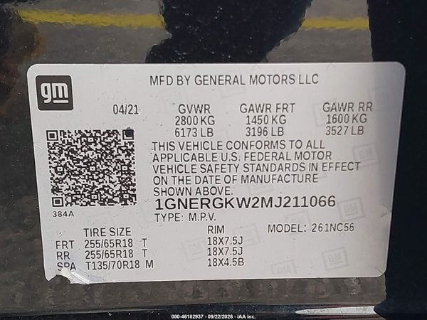 2021 CHEVROLET TRAVERSE FWD LT CLOTH — I9