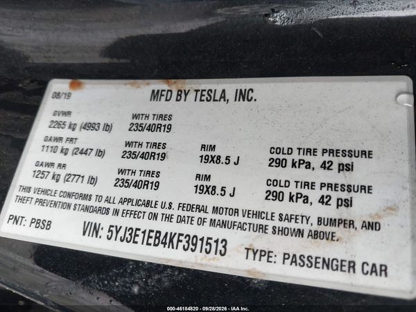 2019 TESLA MODEL 3 LONG RANGE/PERFORMANCE — I9
