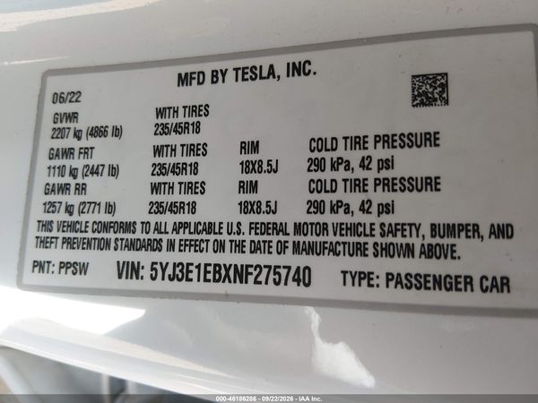 2022 TESLA MODEL 3 — I9