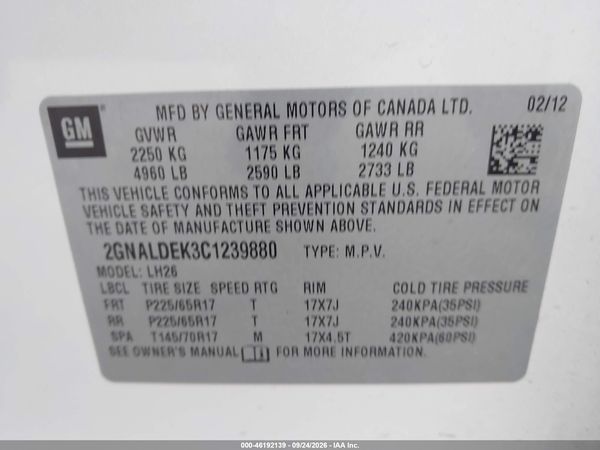 2012 CHEVROLET EQUINOX LT W/1LT — I9