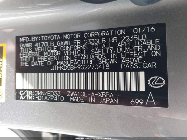2016 LEXUS CT 200H — I9