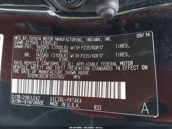2015 TOYOTA SIENNA XLE/XLE 8 PASSENGER — I9