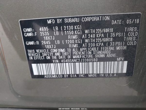 2018 SUBARU OUTBACK 2.5I LIMITED — I9