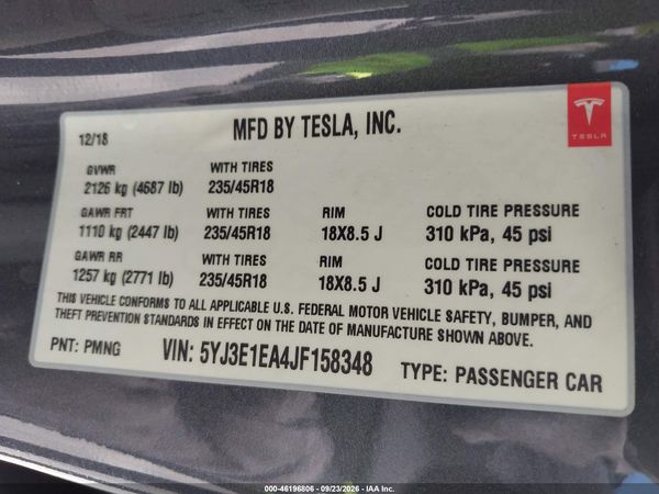 2018 TESLA MODELO 3 LONG RANGE/MID RANGE — I9
