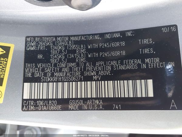 2016 TOYOTA HIGHLANDER XLE — I9