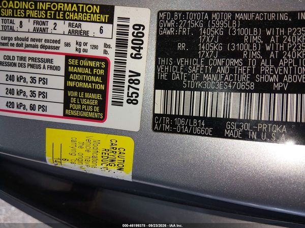 2014 TOYOTA SIENNA XLE V6 8 PASSENGER — I9