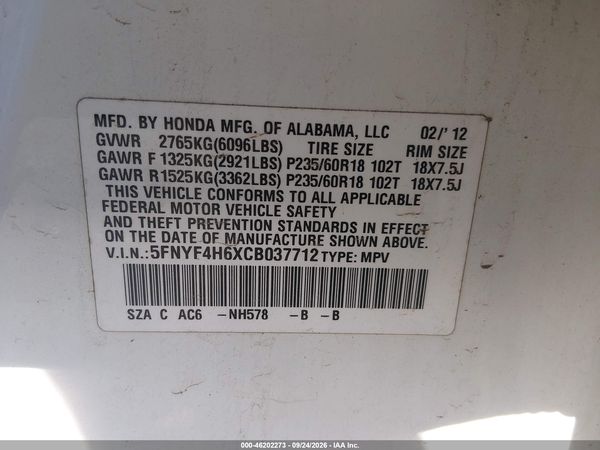 2012 HONDA PILOT EX-L — I9
