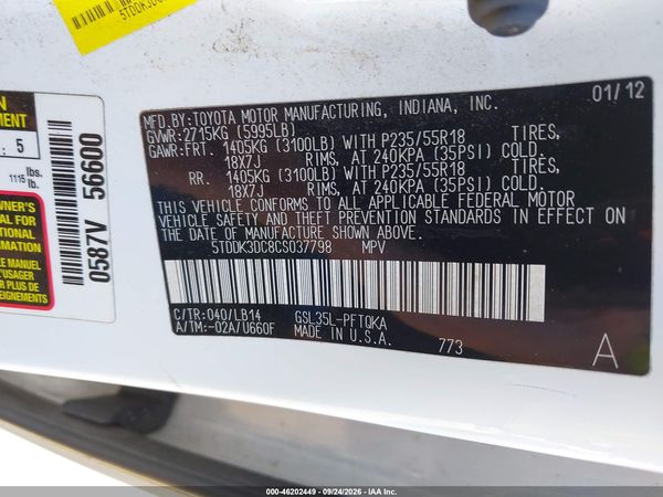 2012 TOYOTA SIENNA XLE 7 PASSENGER — I9