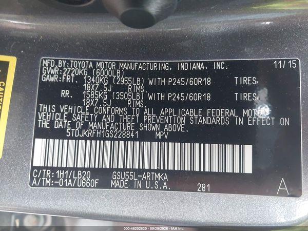 2016 TOYOTA HIGHLANDER XLE V6 — I9