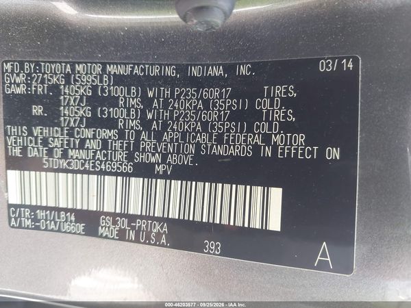 2014 TOYOTA SIENNA XLE V6 8 PASSENGER — I9