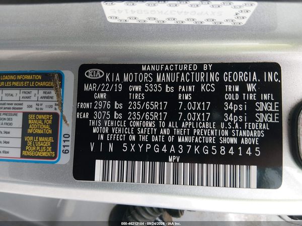 2019 KIA SORENTO 2.4L L — I9