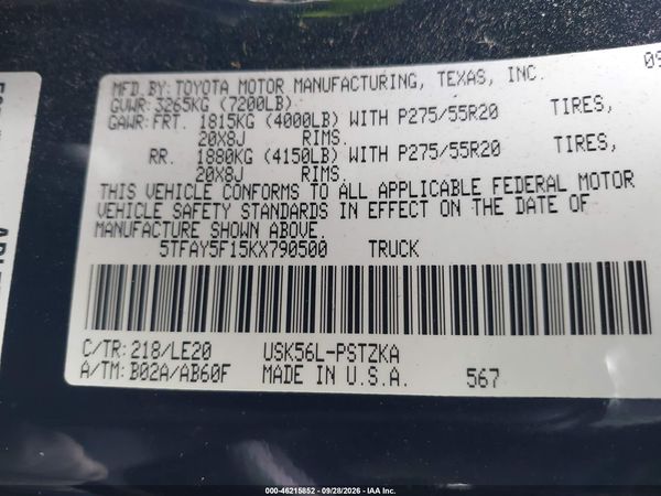 2019 TOYOTA TUNDRA PLATINUM 5.7L V8 — I9