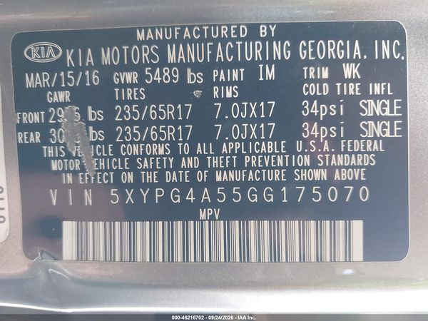 2016 KIA SORENTO 3.3L LX — I9