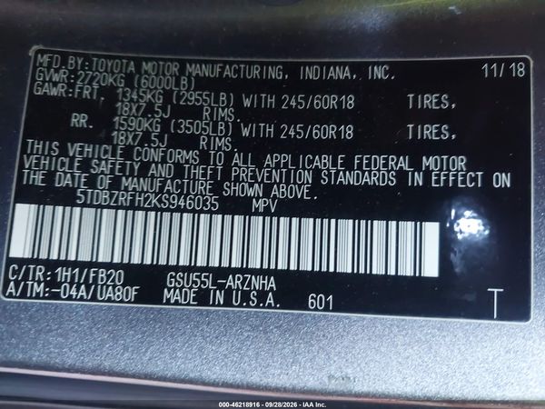 2019 TOYOTA HIGHLANDER LE — I9