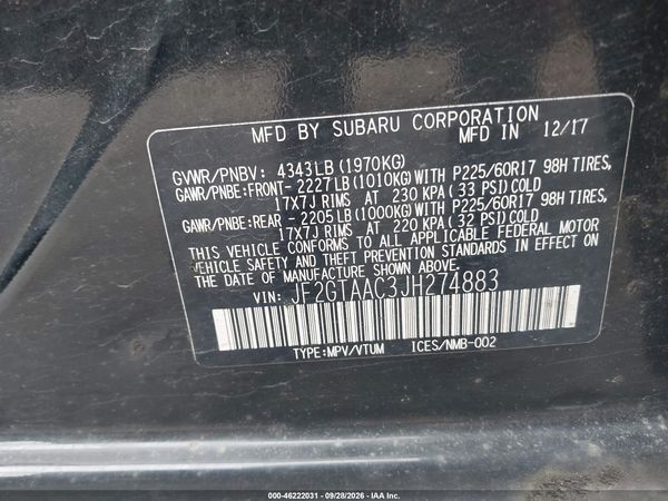 2018 SUBARU CROSSTREK 2.0I — I9