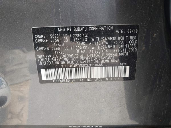 2020 SUBARU OUTBACK LIMITED XT — I9