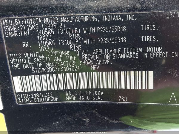 2015 TOYOTA SIENNA XLE 7 PASSENGER — I9