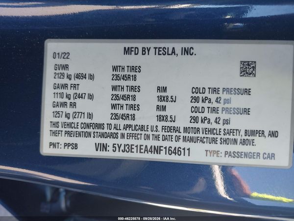 2022 TESLA MODEL 3 REAR-WHEEL DRIVE — I9