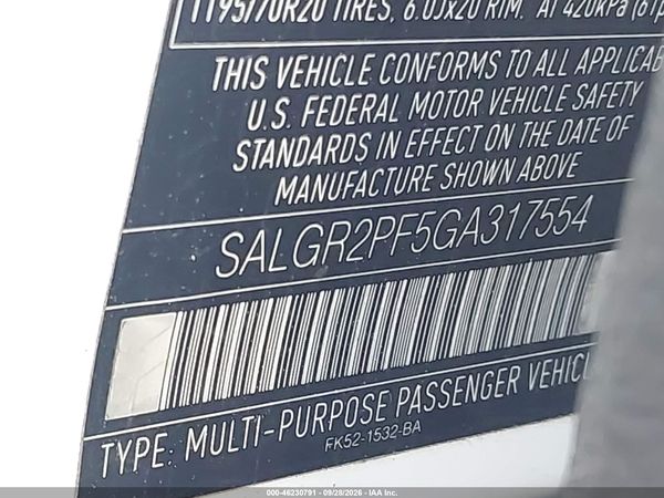 2016 LAND ROVER RANGE ROVER 3.0L V6 SUPERCHARGED — I9