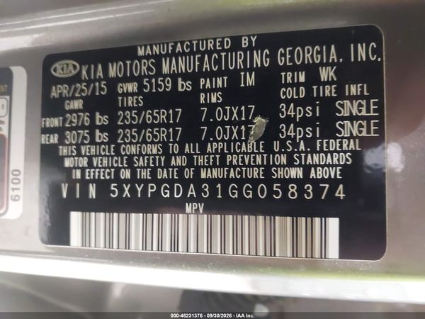 2016 KIA SORENTO 2.4L LX — I9