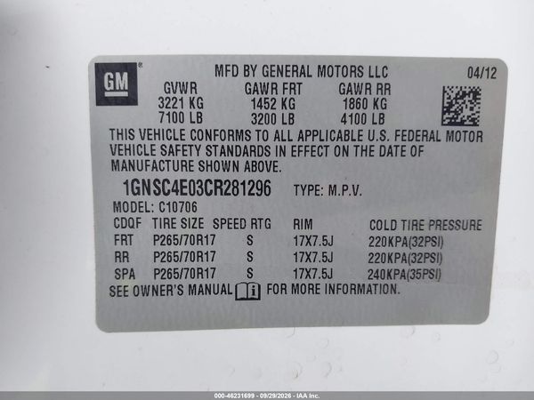 2012 CHEVROLET TAHOE COMMERCIAL FLEET — I9