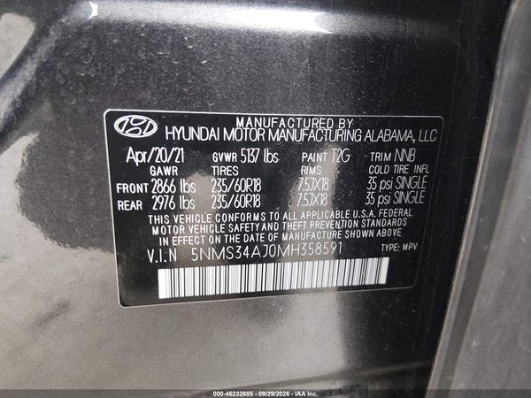2021 HYUNDAI SANTA FE SEL — I9