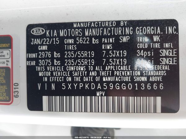 2016 KIA SORENTO 3.3L SXL — I9